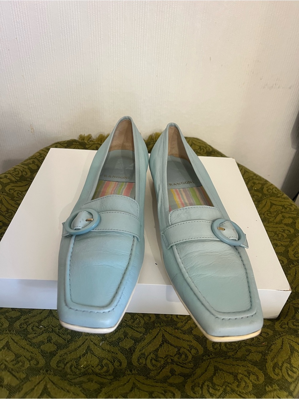 Rangoni Light Blue Leather Loafers with Round Buckle